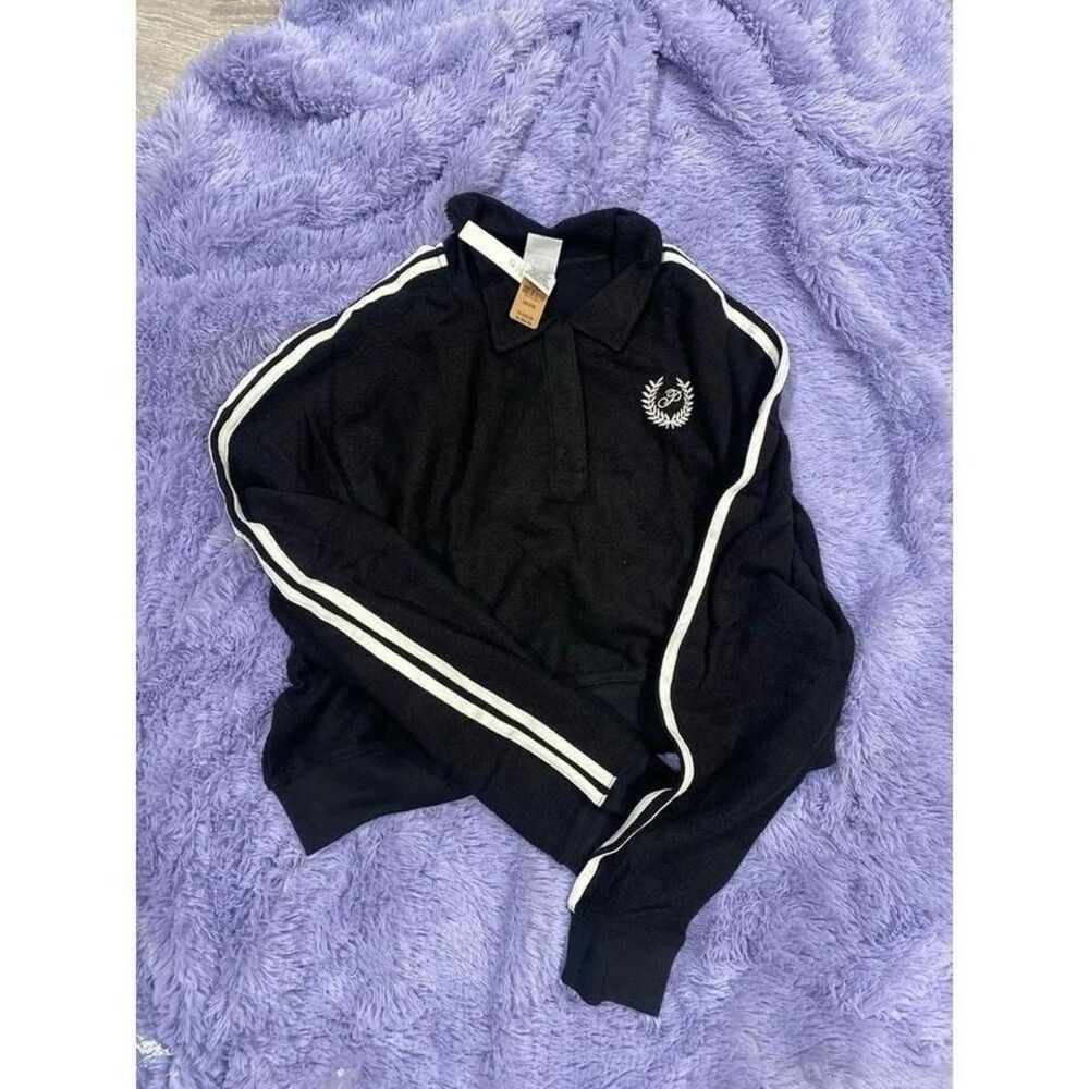 Victorias Secret PINK Black Polo Sweatshirt White Stripe Crest Logo XXL NWT